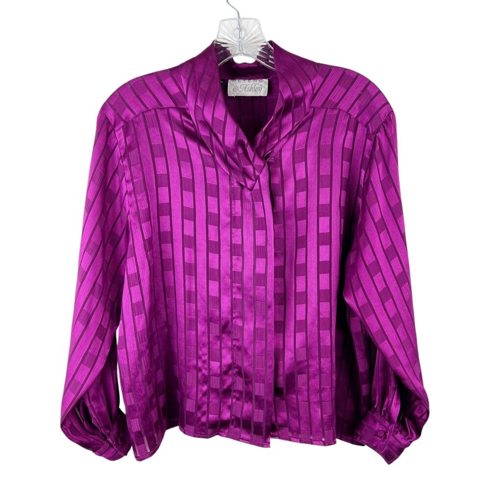Vintage Peters & Ashley Blouse Women Medium Purple Button Up Long Sleeve Satin